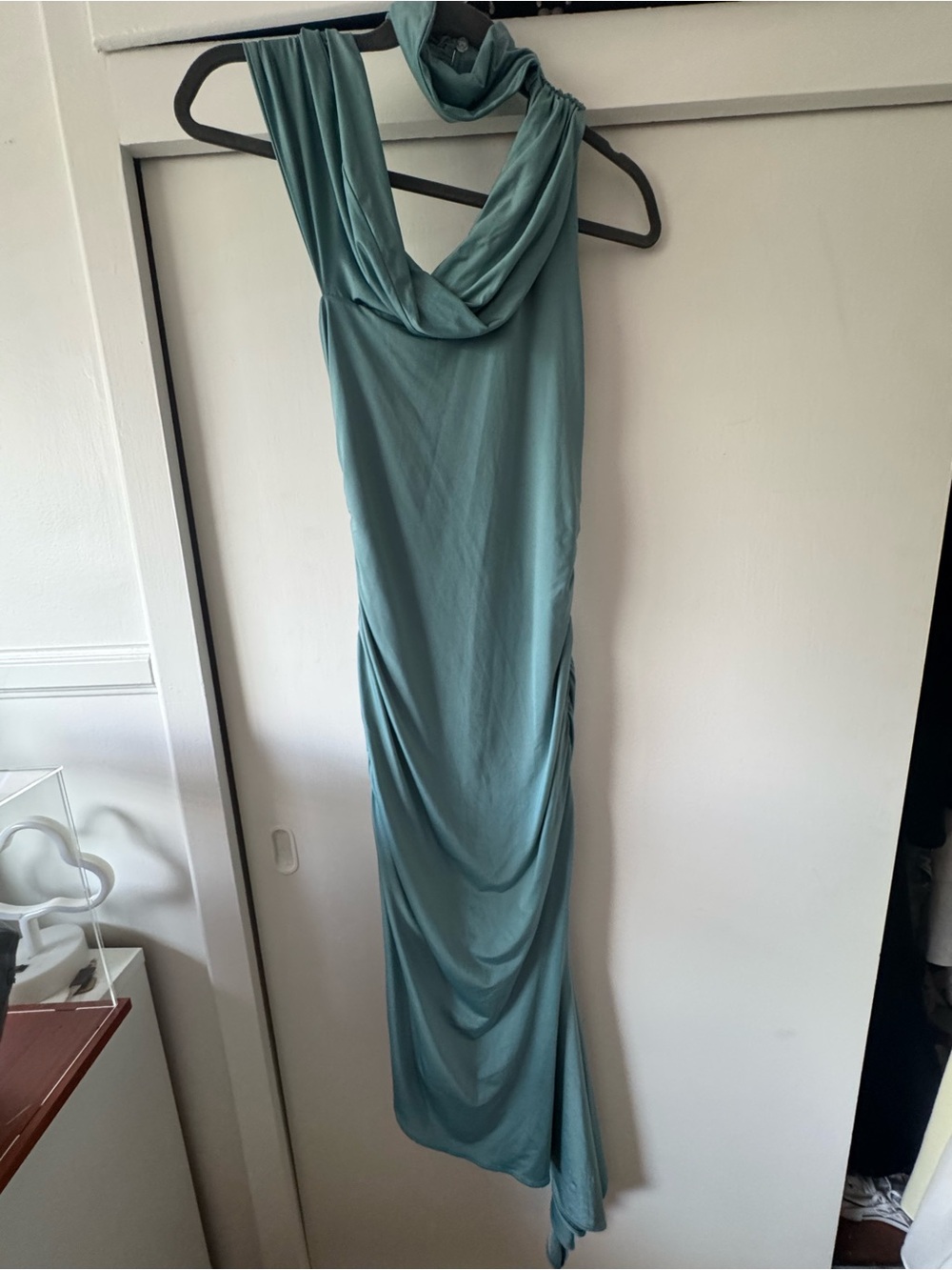 Oh Polly Draped One-Shoulder Maxi Dress in Seafoam Green